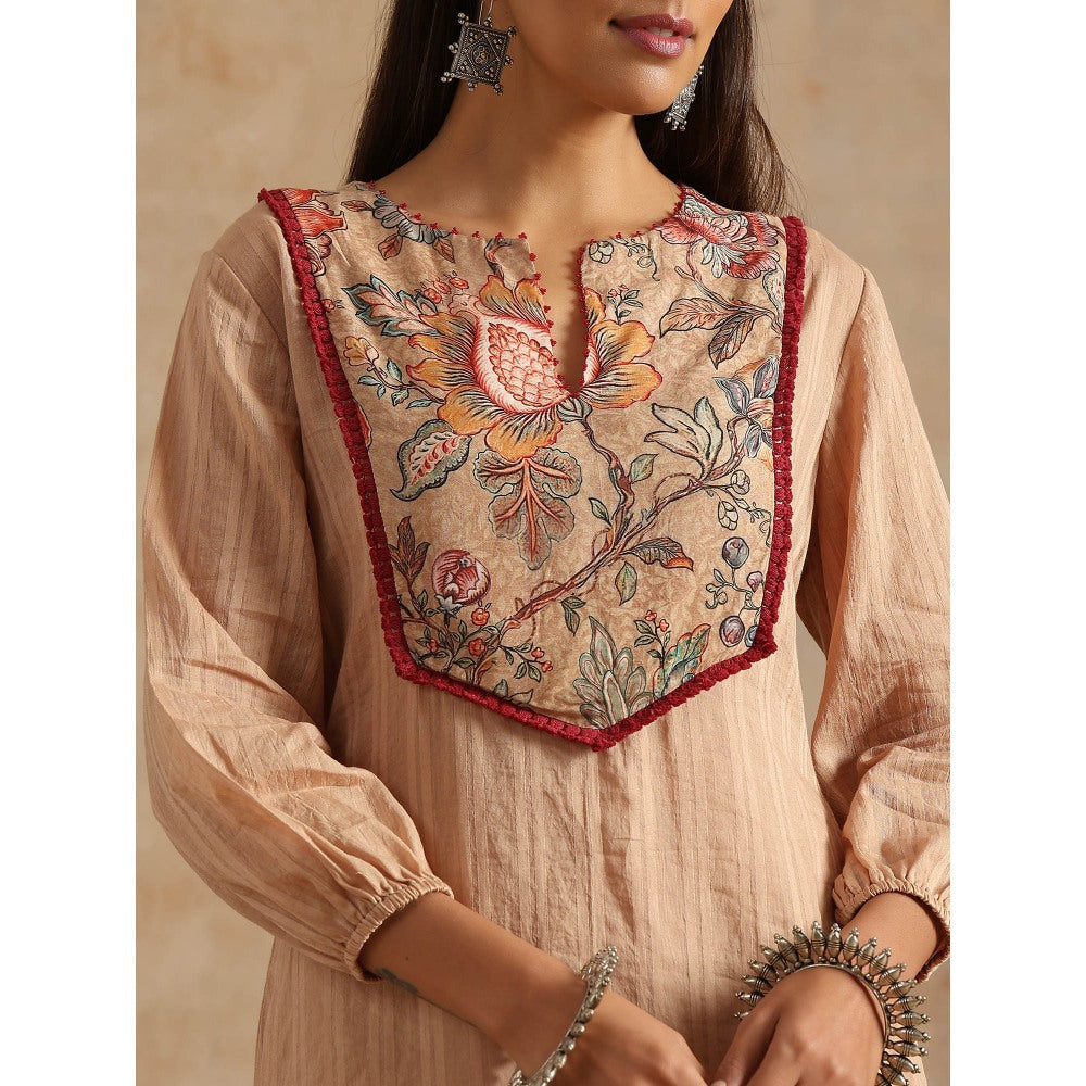 Samvrih Beige Badami Jaal Print Yoke Kurta with Pant (Set of 2)