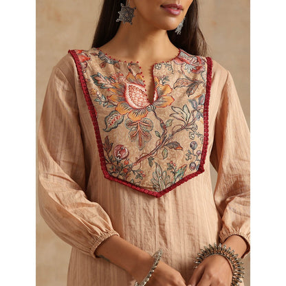 Samvrih Beige Badami Jaal Print Yoke Kurta with Pant (Set of 2)