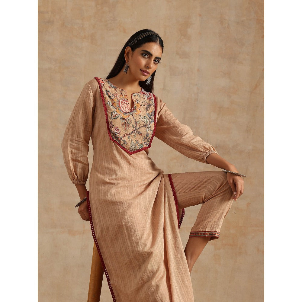 Samvrih Beige Badami Jaal Print Yoke Kurta with Pant (Set of 2)