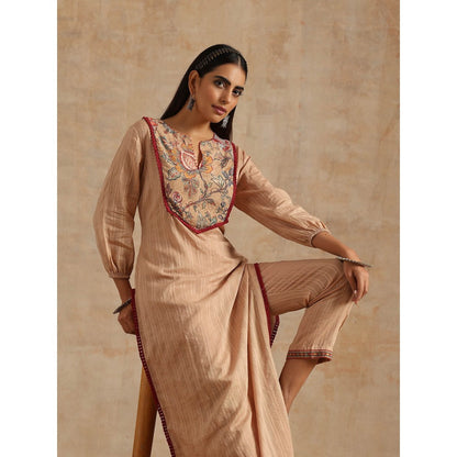 Samvrih Beige Badami Jaal Print Yoke Kurta with Pant (Set of 2)