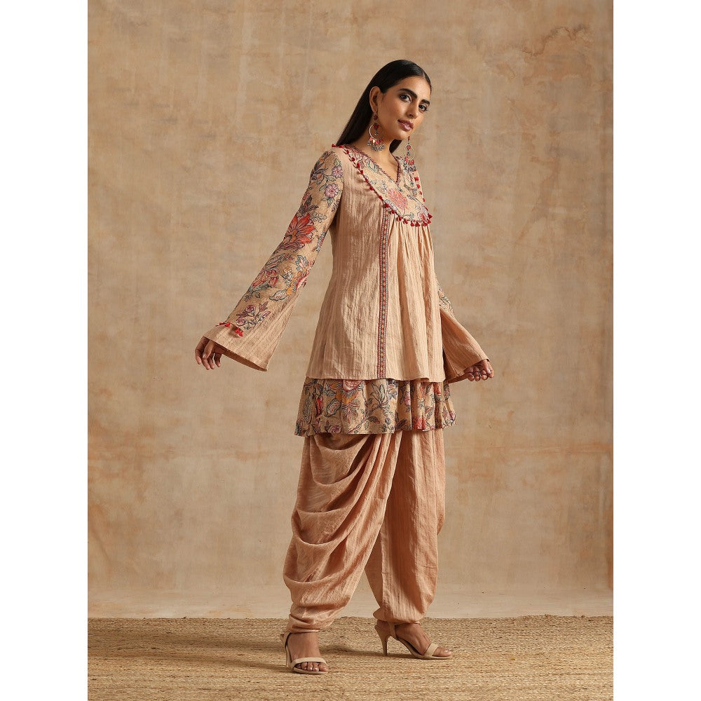 Samvrih Beige Badami Jaal Printed Yoke Kedia Top with Dhoti (Set of 2)