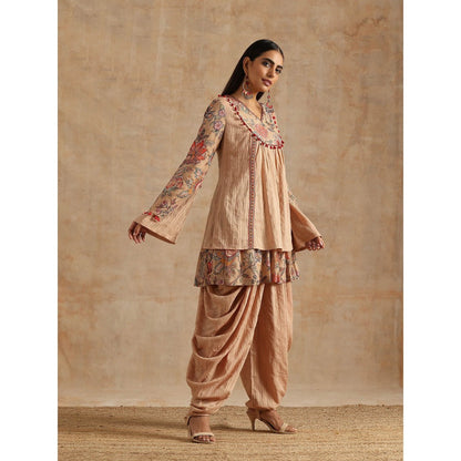 Samvrih Beige Badami Jaal Printed Yoke Kedia Top with Dhoti (Set of 2)