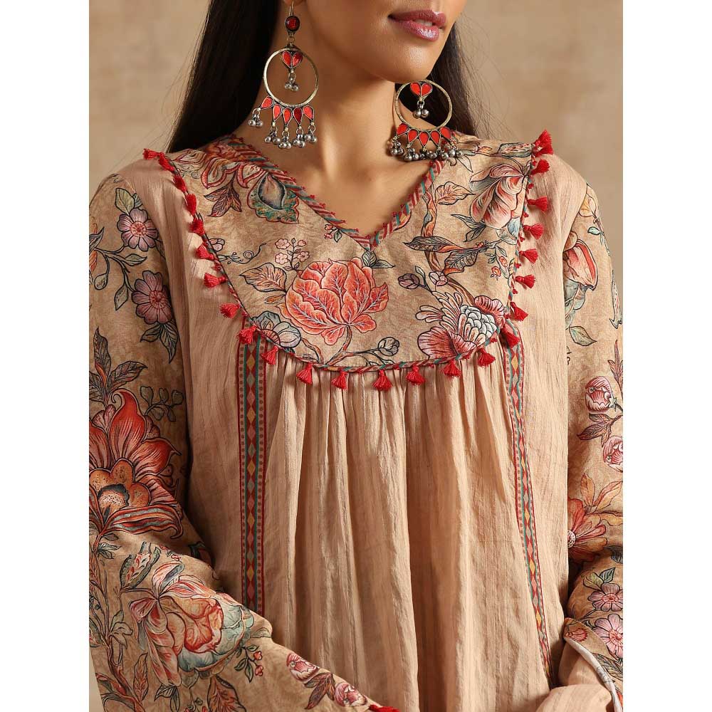 Samvrih Beige Badami Jaal Printed Yoke Kedia Top with Dhoti (Set of 2)