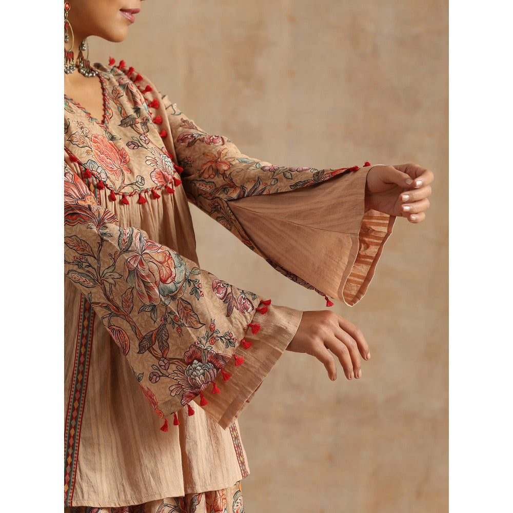 Samvrih Beige Badami Jaal Printed Yoke Kedia Top with Dhoti (Set of 2)