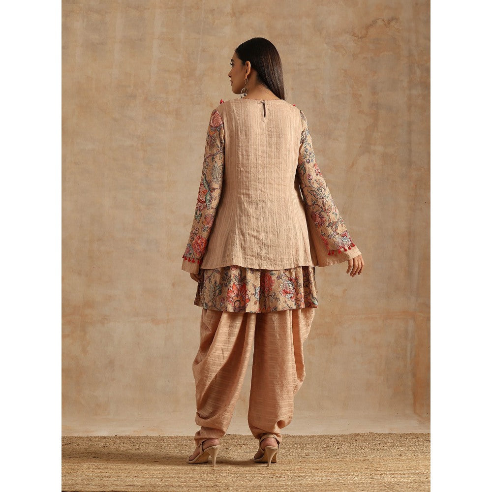 Samvrih Beige Badami Jaal Printed Yoke Kedia Top with Dhoti (Set of 2)