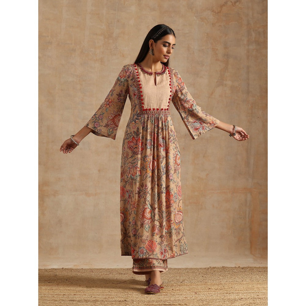 Samvrih Beige Badami Jaal Print Ghera Kurta with Palazzo and Dupatta (Set of 3)