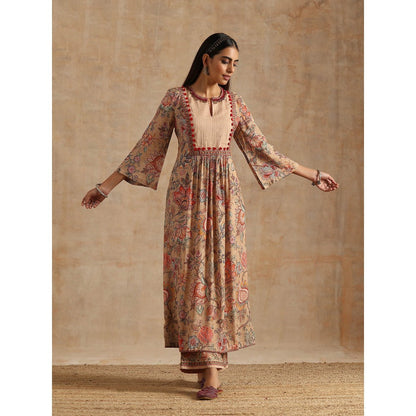 Samvrih Beige Badami Jaal Print Ghera Kurta with Palazzo and Dupatta (Set of 3)