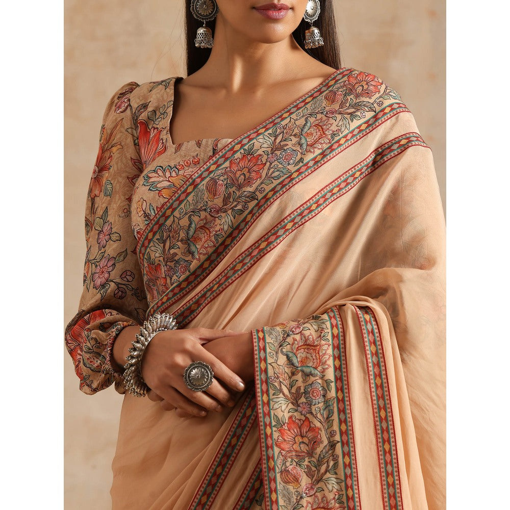 Samvrih Beige Badami Organza Saree with Stitched Blouse