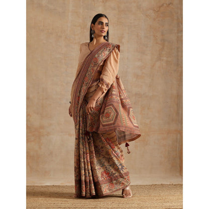 Samvrih Beige Badami Print Saree with Stitched Blouse