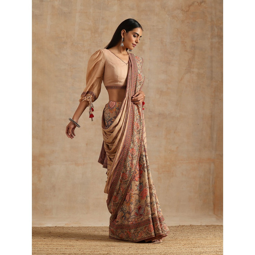 Samvrih Beige Badami Print Saree with Stitched Blouse