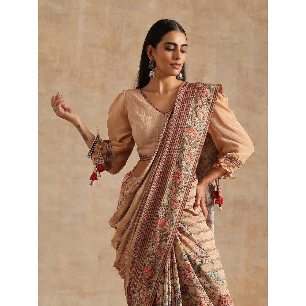 Samvrih Beige Badami Print Saree with Stitched Blouse