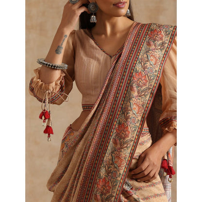 Samvrih Beige Badami Print Saree with Stitched Blouse