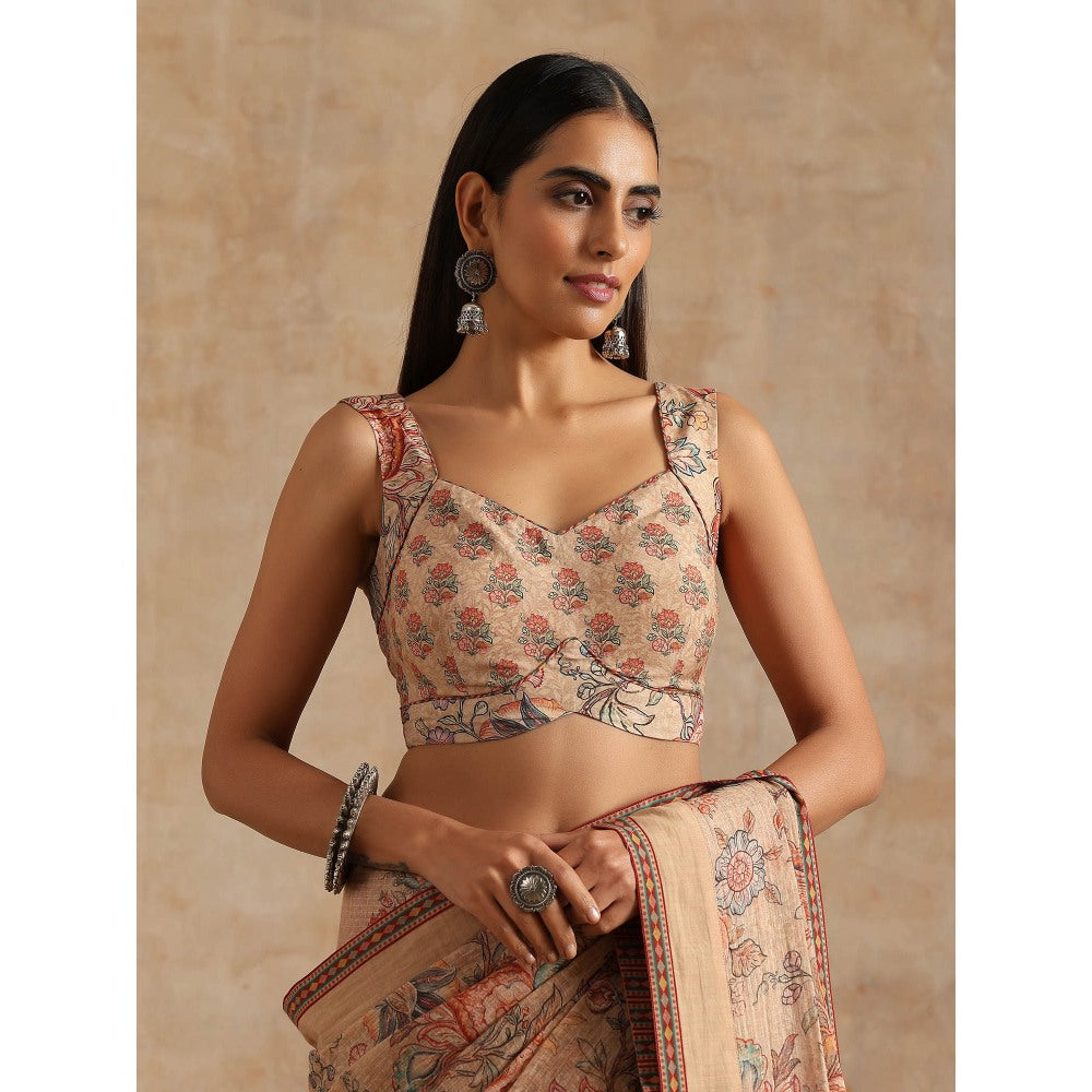 Samvrih Beige Badami Print Saree with Stitched Blouse