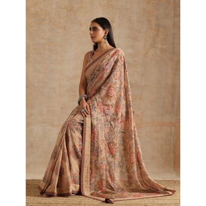 Samvrih Beige Badami Print Saree with Stitched Blouse