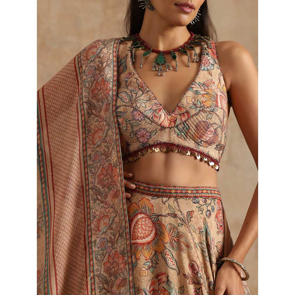 Samvrih Beige Badami Jaal Print Lehenga with Blouse and Dupatta (Set of 3)