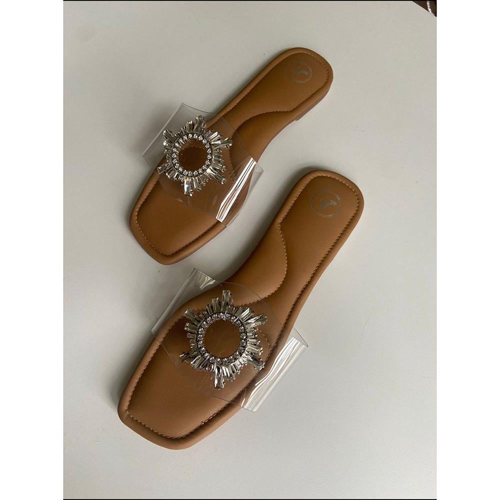 Sana K Luxurious Footwear Brown Star Sliders Square Toe Flats