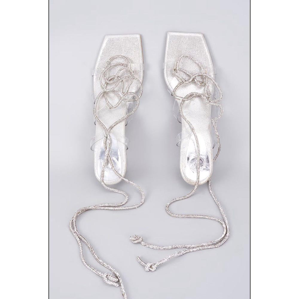 Sana K Luxurious Footwear Silver Stringy Shoe Lace Heels Sandals