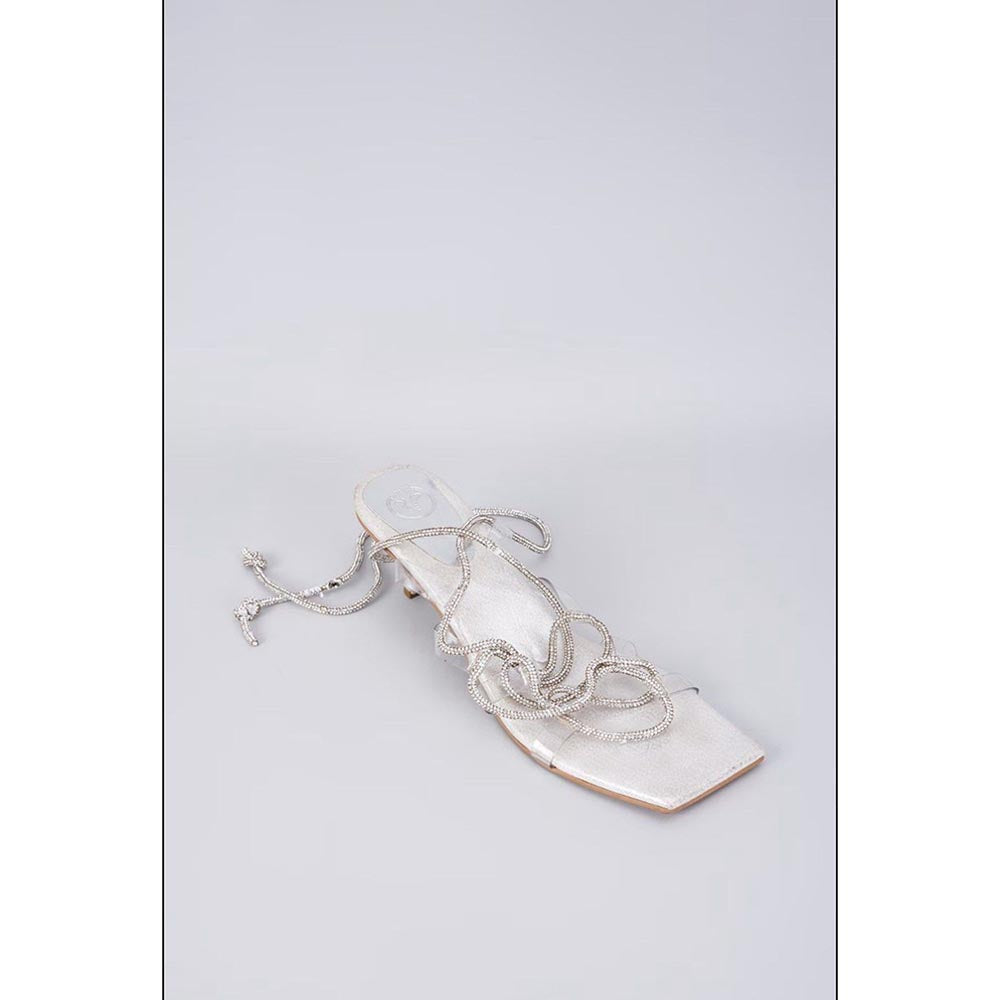Sana K Luxurious Footwear Silver Stringy Shoe Lace Heels Sandals