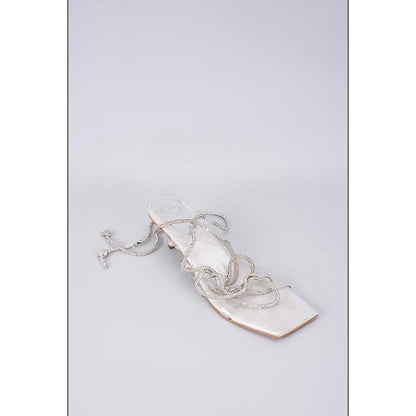 Sana K Luxurious Footwear Silver Stringy Shoe Lace Heels Sandals