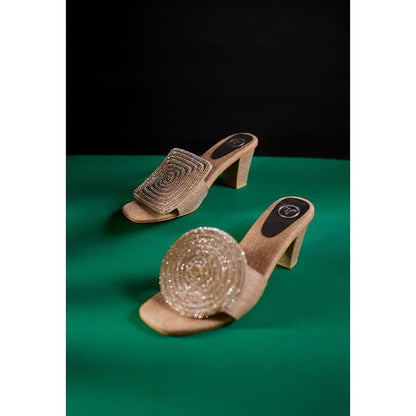 Sana K Luxurious Footwear Silver Cube Globe Square Toe Heel Sandals