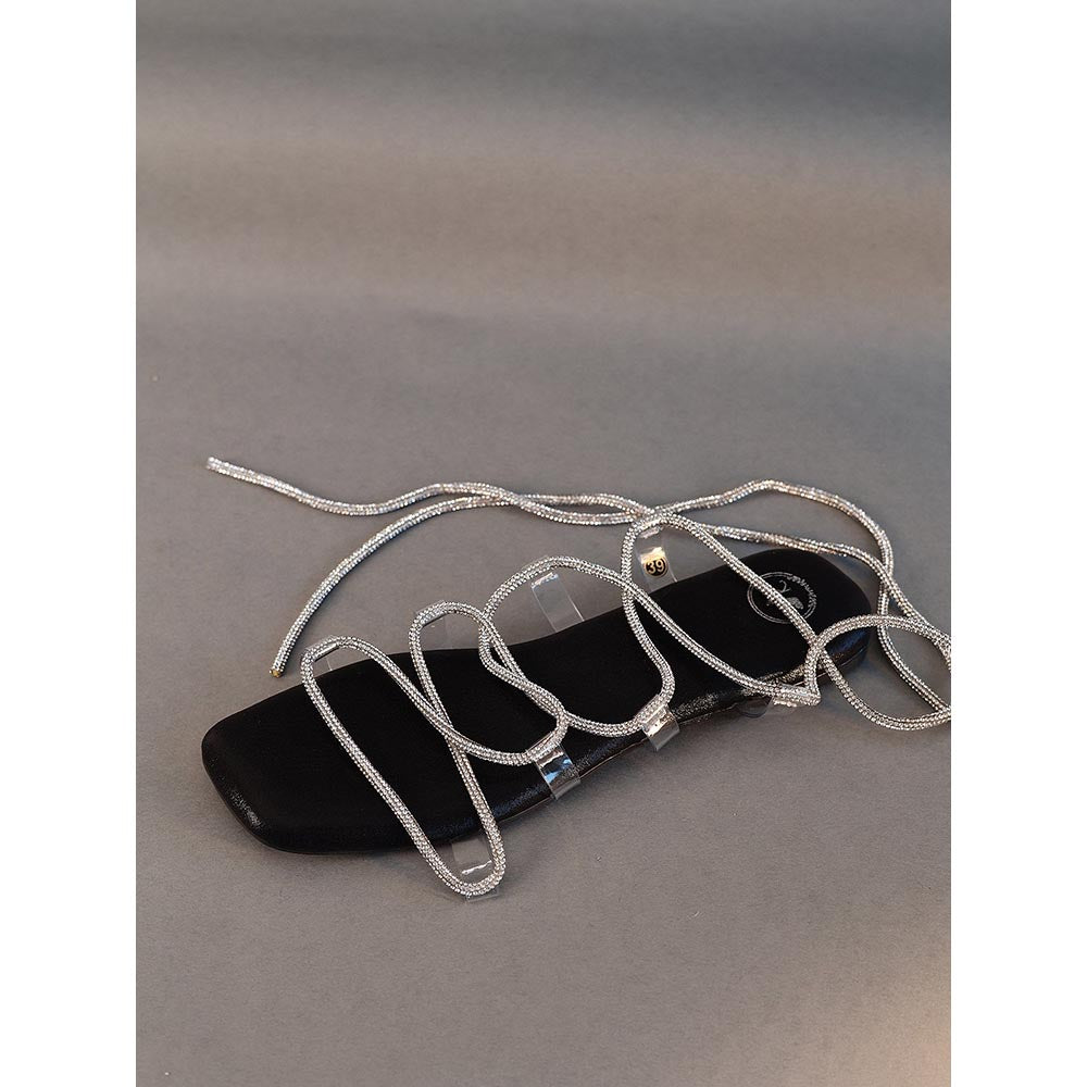 Sana K Luxurious Footwear Black Stringy Shoe Lace Flat Sandals