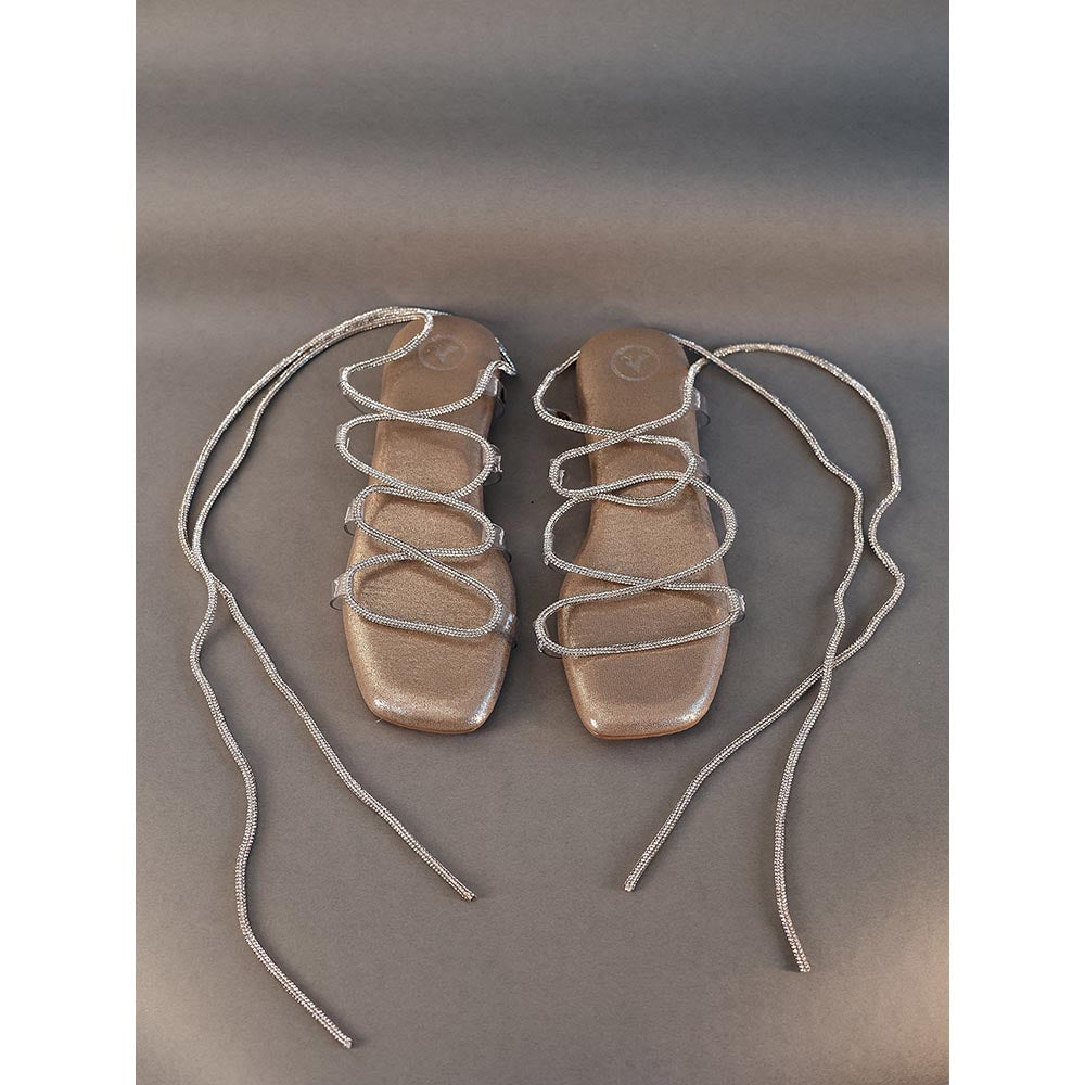 Sana K Luxurious Footwear Gold Stringy Shoe Lace Flats Sandals