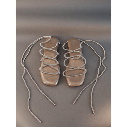 Sana K Luxurious Footwear Gold Stringy Shoe Lace Flats Sandals