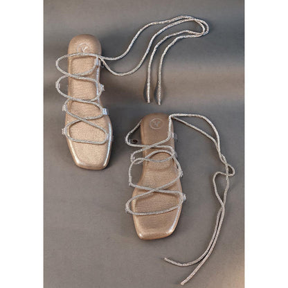 Sana K Luxurious Footwear Gold Stringy Shoe Lace Flats Sandals