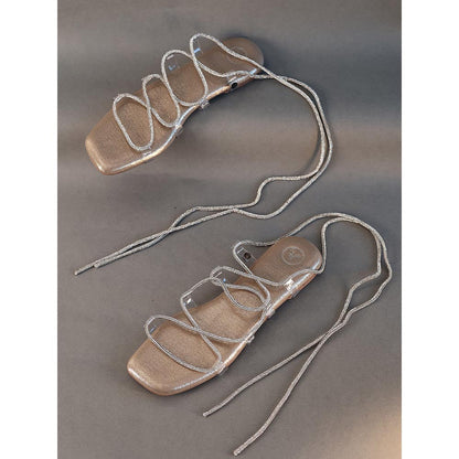 Sana K Luxurious Footwear Gold Stringy Shoe Lace Flats Sandals