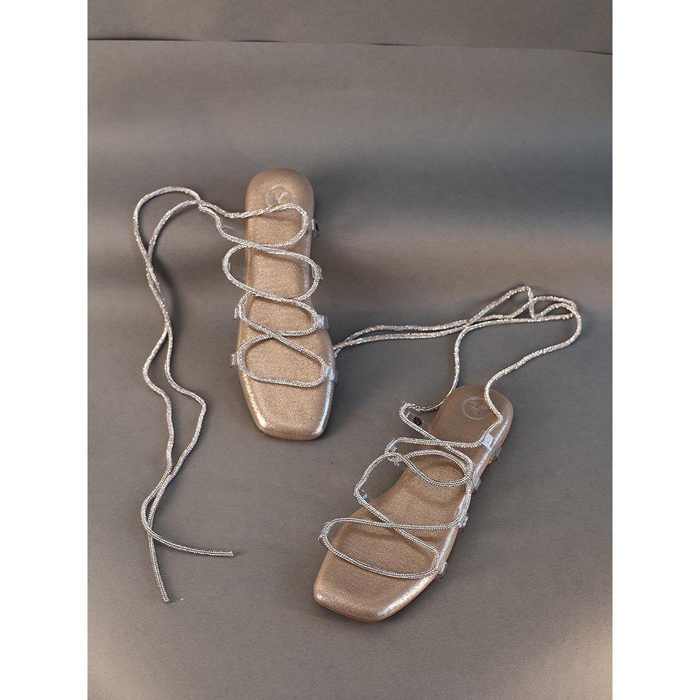 Sana K Luxurious Footwear Gold Stringy Shoe Lace Flats Sandals