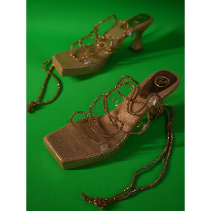 Sana K Luxurious Footwear Champagne Gold Stringy Shoe Lace Elevated Heel Sandals