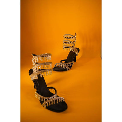 Sana K Luxurious Footwear Black Silver Spring With Emblishment Heel Sandals