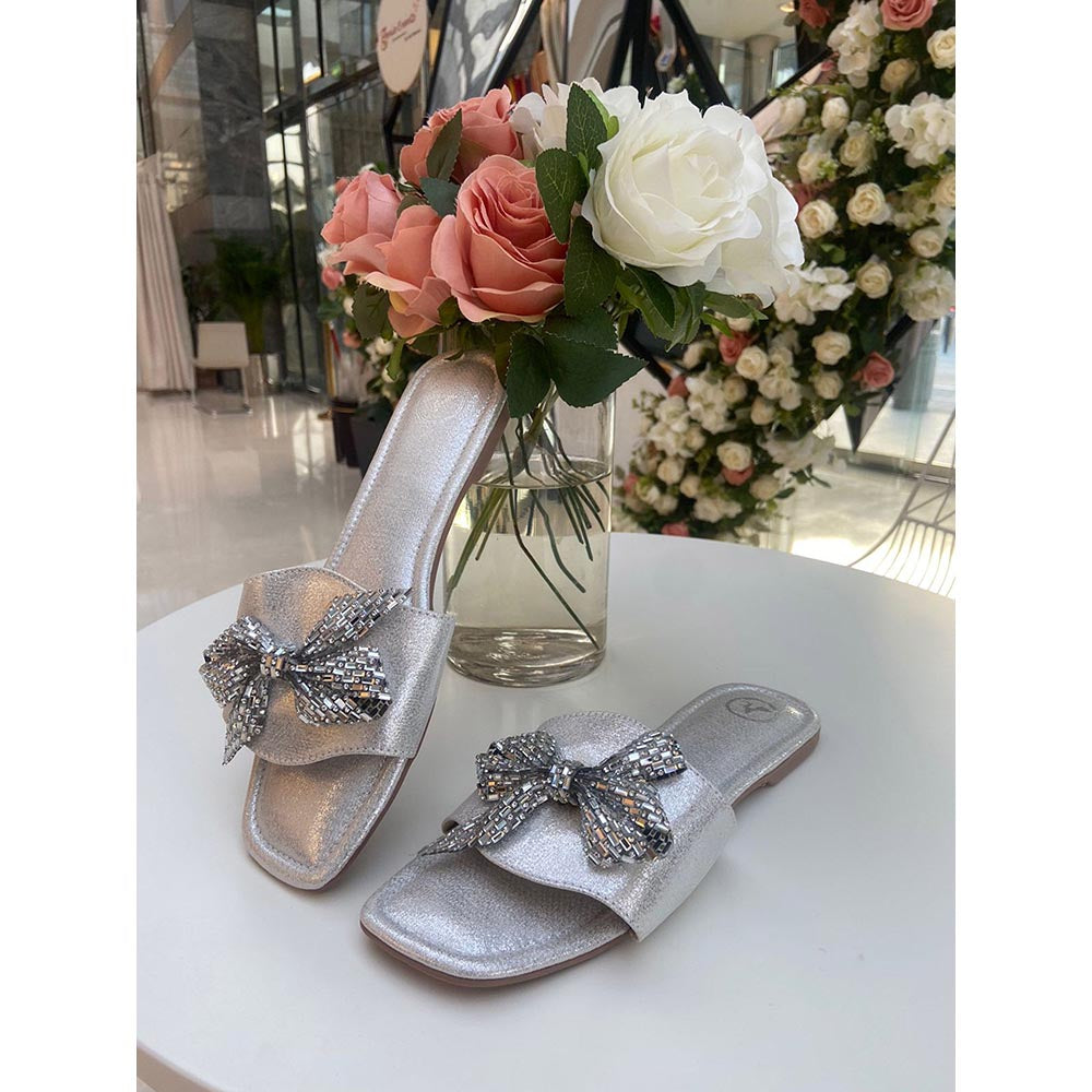 Sana K Luxurious Footwear Silver Bow Sliders Flat Sandals