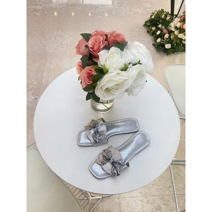 Sana K Luxurious Footwear Silver Bow Sliders Flat Sandals