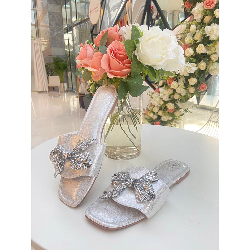 Sana K Luxurious Footwear Silver Bow Sliders Flat Sandals