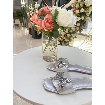 Sana K Luxurious Footwear Silver Bow Sliders Flat Sandals