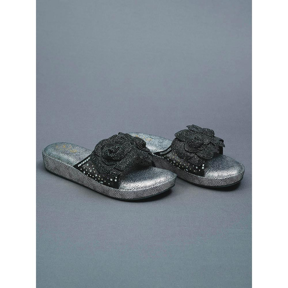 Sana K Luxurious Footwear Black Rose Silver Wedge Leather Heels