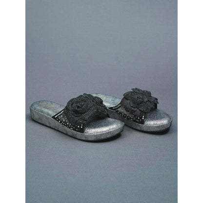 Sana K Luxurious Footwear Black Rose Silver Wedge Leather Heels