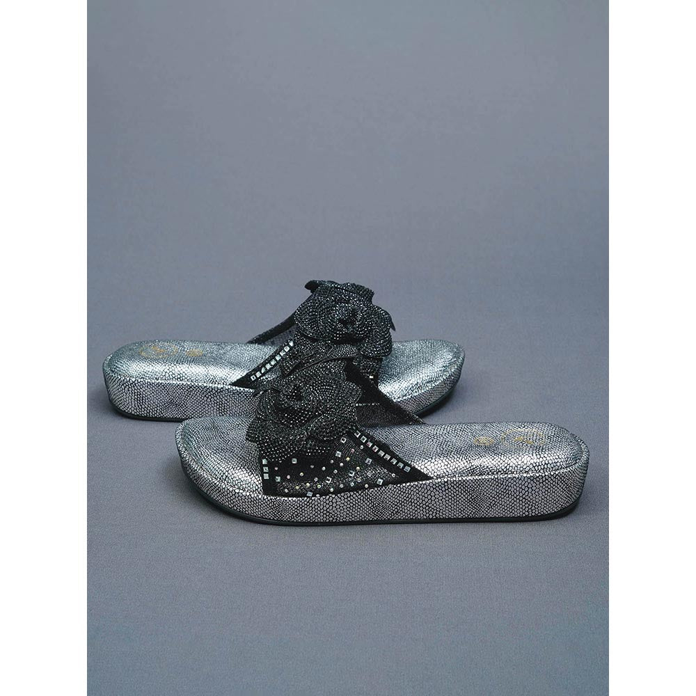 Sana K Luxurious Footwear Black Rose Silver Wedge Leather Heels