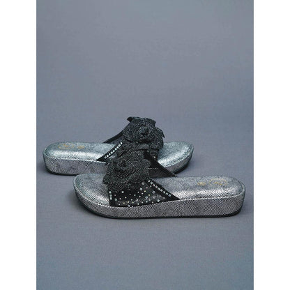 Sana K Luxurious Footwear Black Rose Silver Wedge Leather Heels