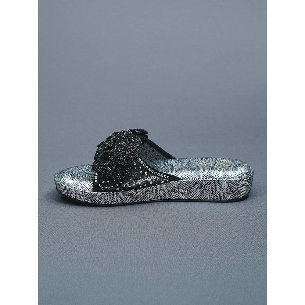 Sana K Luxurious Footwear Black Rose Silver Wedge Leather Heels
