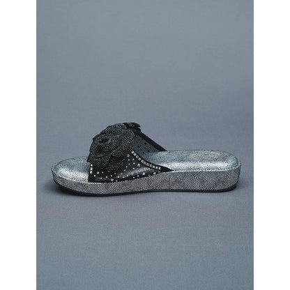 Sana K Luxurious Footwear Black Rose Silver Wedge Leather Heels