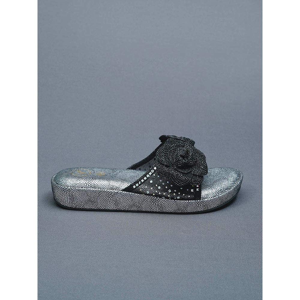 Sana K Luxurious Footwear Black Rose Silver Wedge Leather Heels