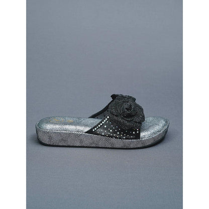 Sana K Luxurious Footwear Black Rose Silver Wedge Leather Heels