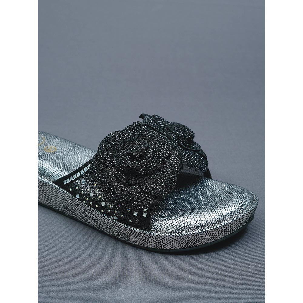 Sana K Luxurious Footwear Black Rose Silver Wedge Leather Heels