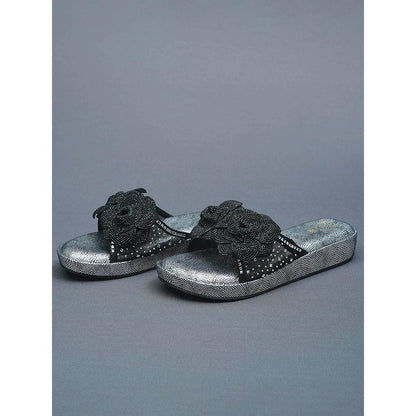 Sana K Luxurious Footwear Black Rose Silver Wedge Leather Heels