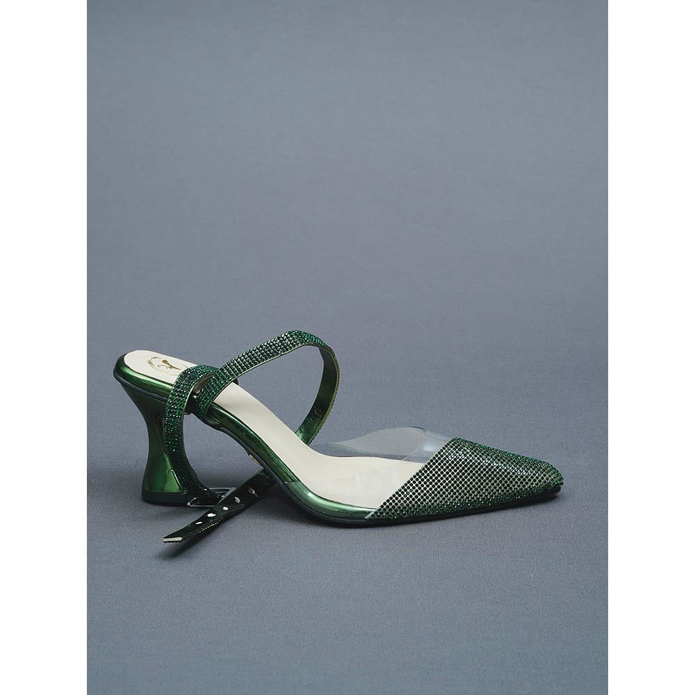 Sana K Luxurious Footwear Faux Leather Green Sleek Cheek Mules Heels