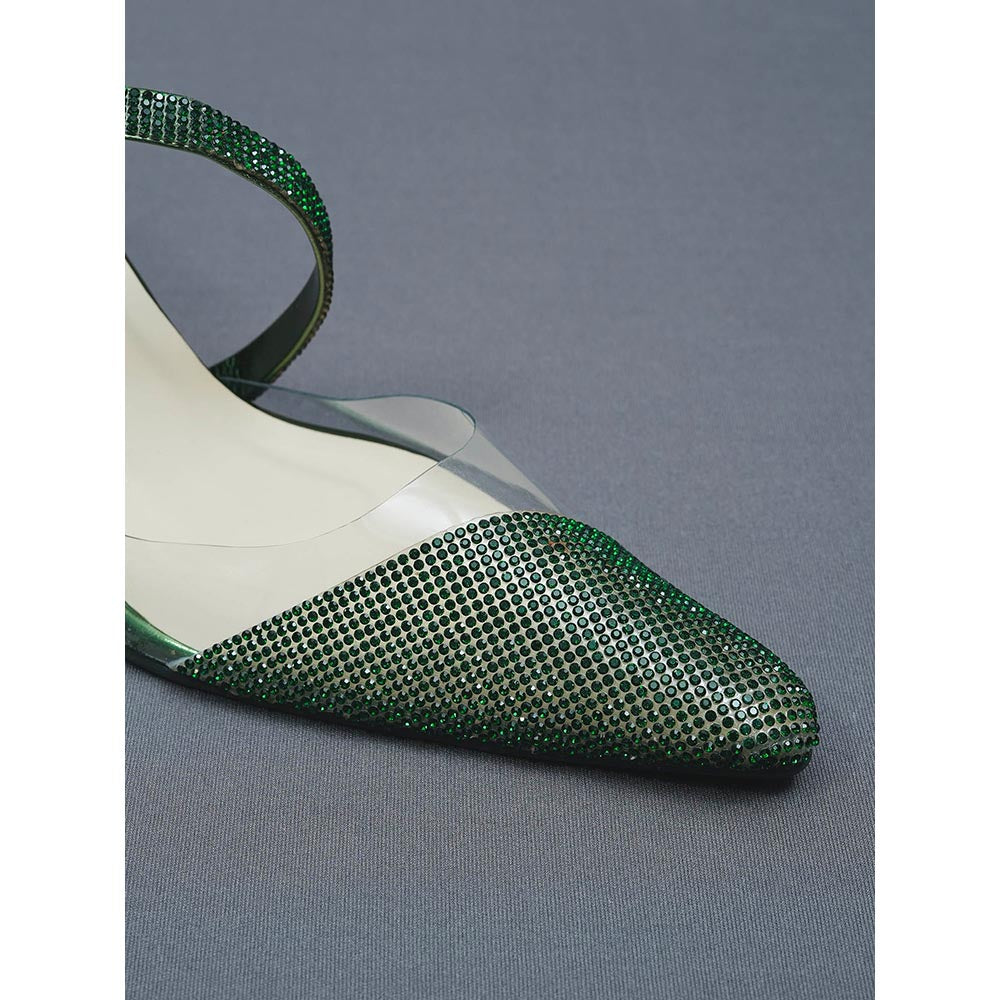 Sana K Luxurious Footwear Faux Leather Green Sleek Cheek Mules Heels