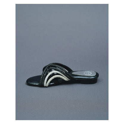 Sana K Luxurious Footwear Black Gema Open Toe Faux Leather Flats