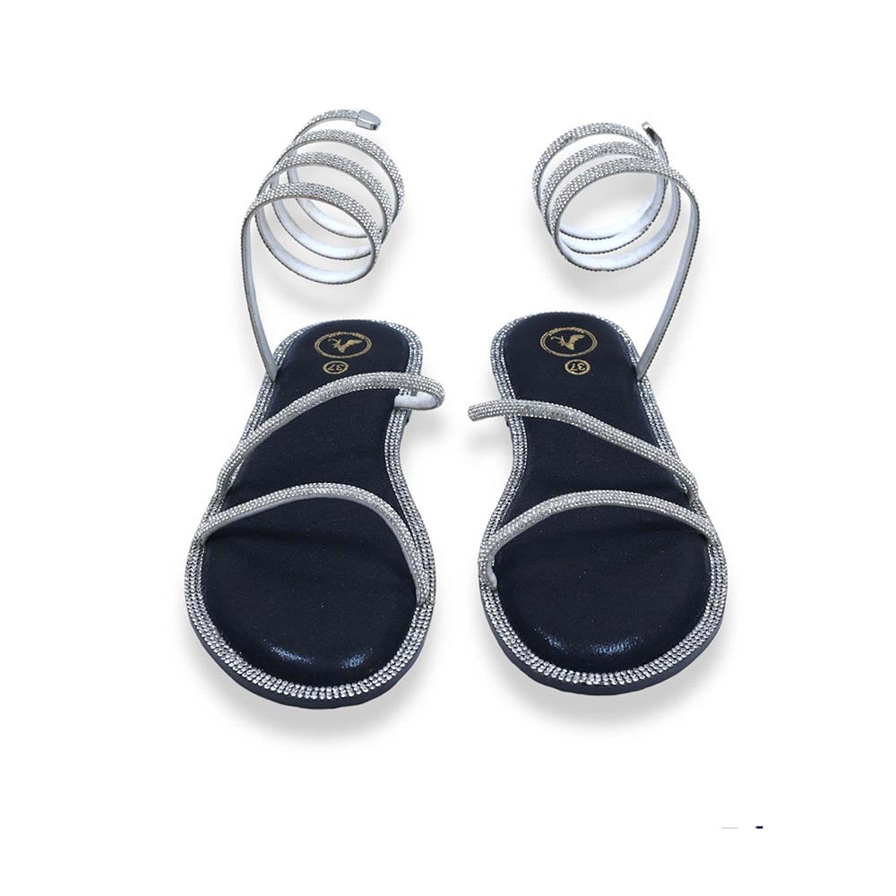 Sana K Luxurious Footwear Silver Spring with Black Pillow Walk Base Open Toe Flats